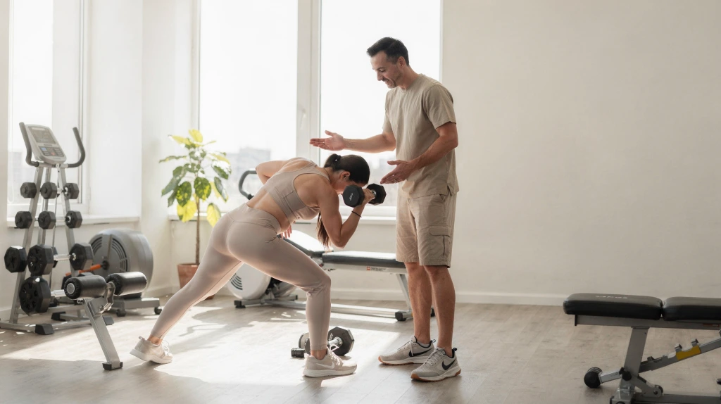 Personal trainer instructing client performing dumbbell exercise in bright home gym